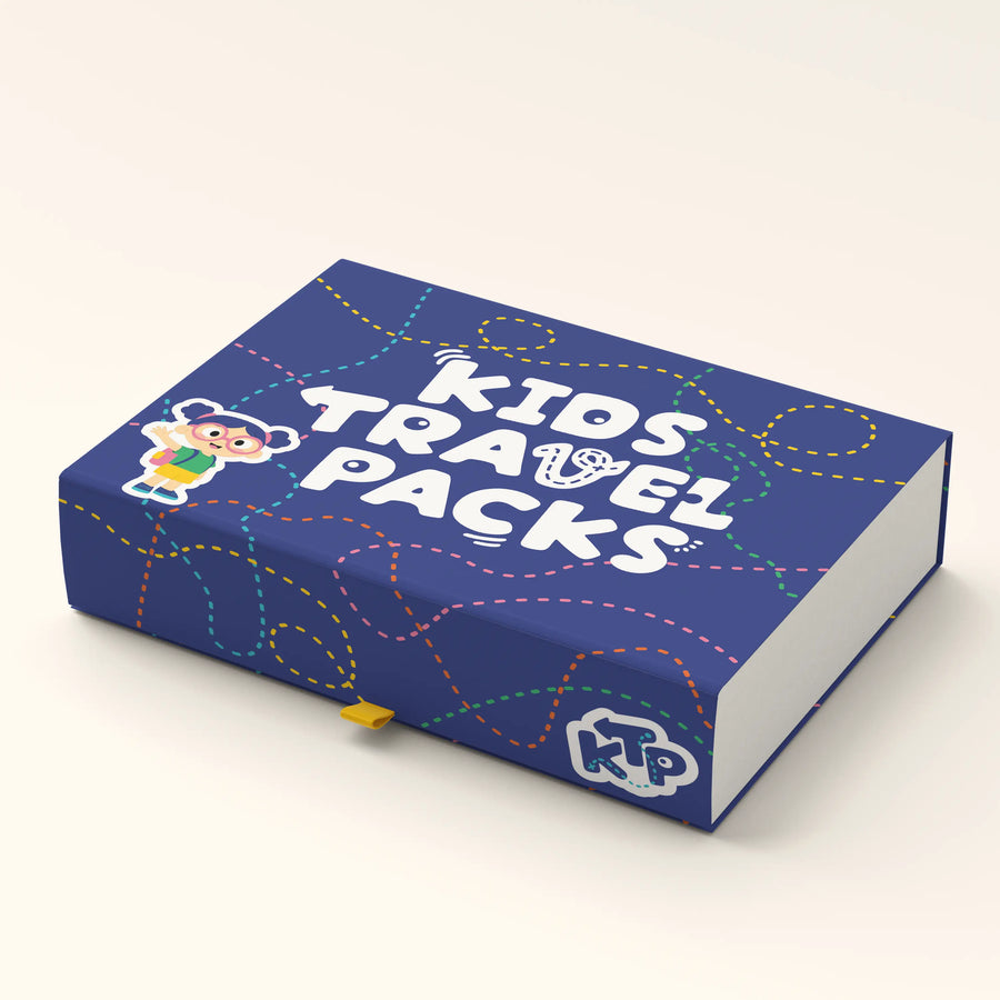 Kids Travel Packs screen-free travel activity pack box, three-quarter view
