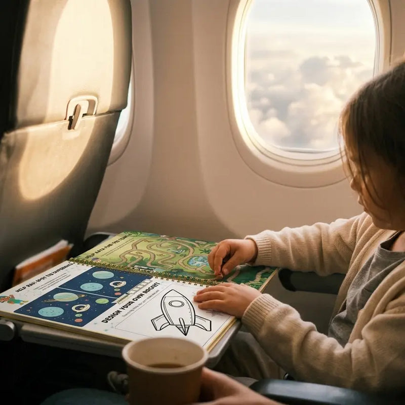 Young child completing activity-book pages during a flight