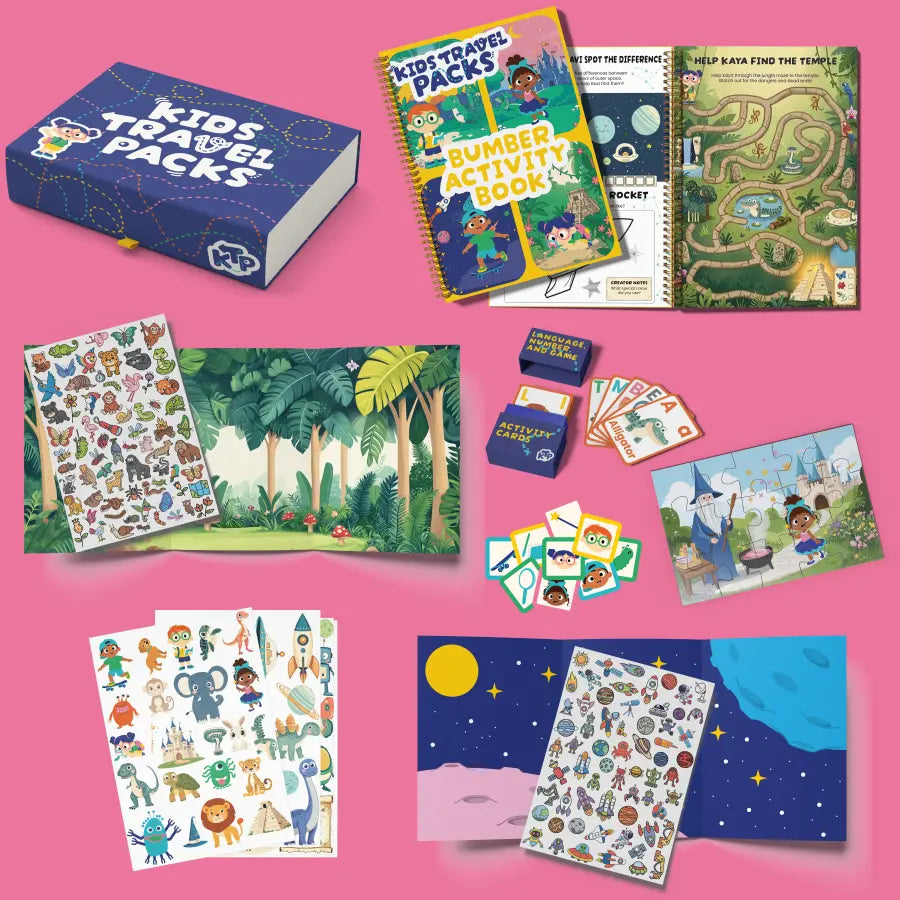 Full contents of a Kids Travel Packs pack laid out: activity book, stickers, jigsaw, fact cards and crayons